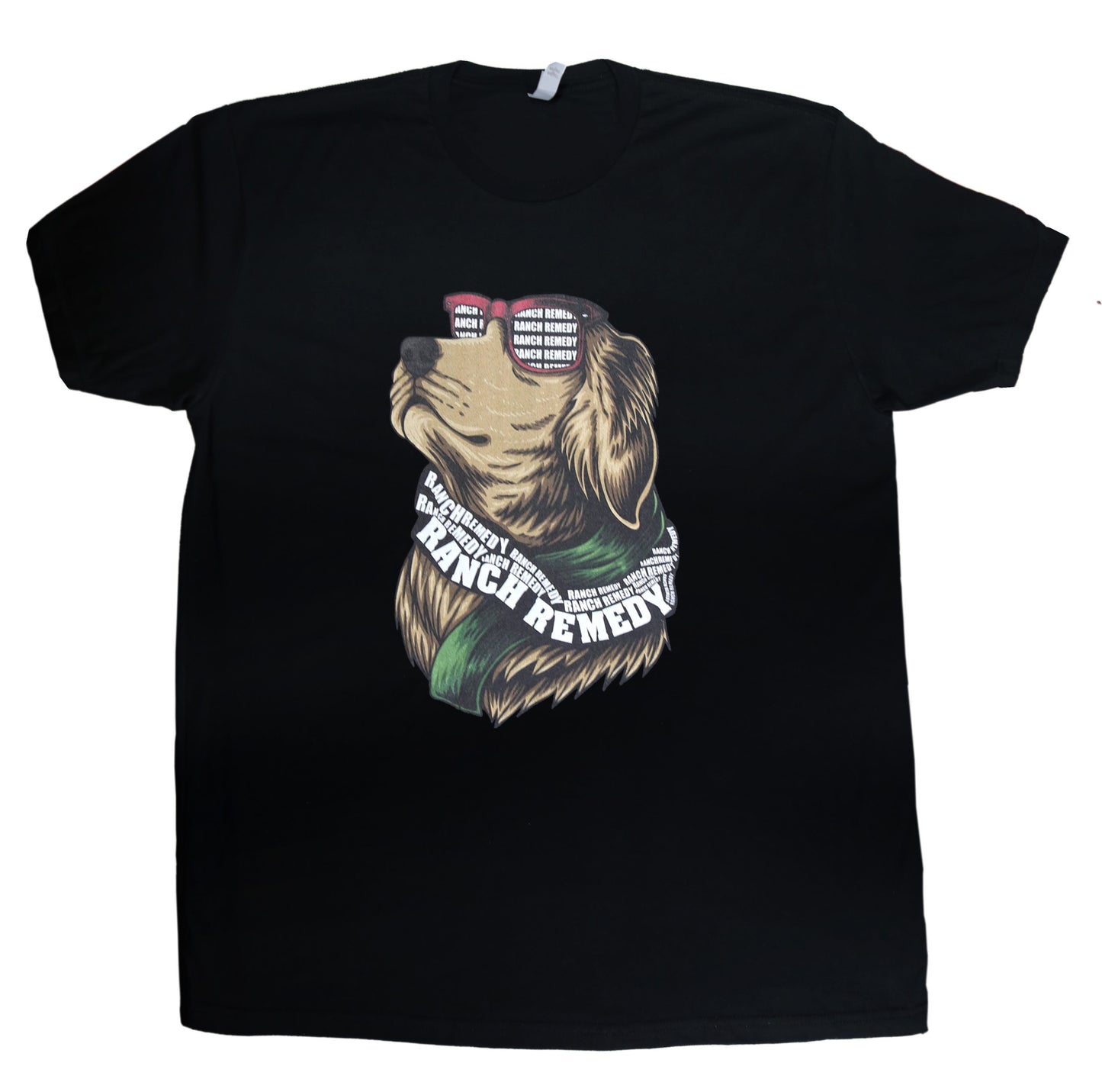 Ranch Remedy graphic tee with a golden retriever wearing a green scarf with Ranch remedy written on it and wearing sunglasses with Ranch Remedy written in the lenses.
