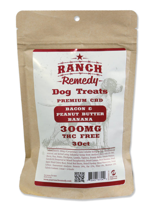 Ranch Remedy Premium CBD Dog Treats - bacon, peanut butter, and banana flavored. 300 mgs of CBD (NO THC) to calm your dog's anxiety and boost their immune system. 