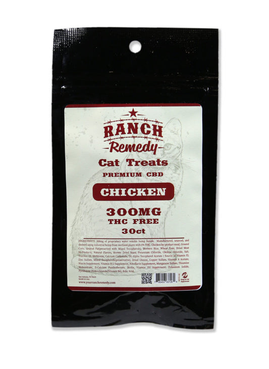Ranch Remedy Premium CBD Cat Treats - chicken flavored. 300 mgs of CBD (NO THC) to calm your dog's anxiety and boost their immune system.
