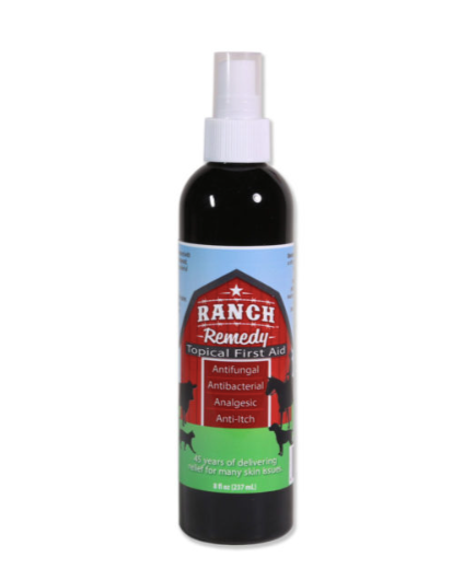 Ranch Remedy pet first aid spray bottle. Label reads "Ranch Remedy Topical First Aid. Antifungal, antibacterial, analgesic, anti-itch." 